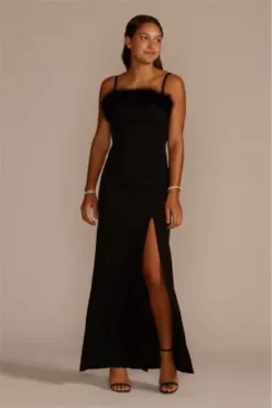 Feather Trim Straight Neck Sheath With Slit
