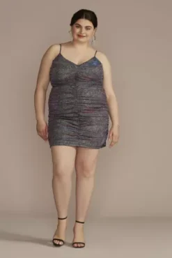 Iridescent Ruched Mini V-Neck Dress