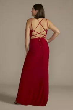 Ruched Panel Plunging Sheath Gown -Floral Applique Dresses Shop 12301W MRED PROM PROD1 148