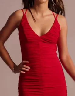 Double Strap Ruched V-Neck Sheath -Floral Applique Dresses Shop 12782D MRed PRTY