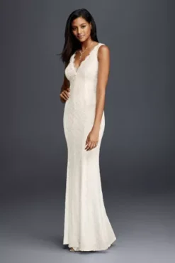 Allover Lace V-Neck Sheath Wedding Dress