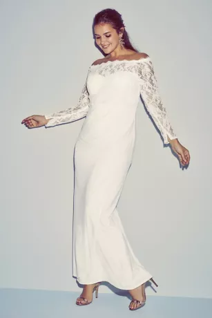 Off-the-Shoulder Long Sleeve Lace Draped Gown 4 Off-the-Shoulder Long Sleeve Lace Draped Gown - Image 4