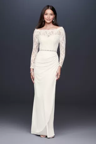 Off-the-Shoulder Long Sleeve Lace Draped Gown 1 Off-the-Shoulder Long Sleeve Lace Draped Gown