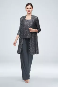 Long Lace Jacket Three-Piece Plus Size Pantsuit