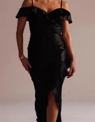 Off-Shoulder Ruffle Textured Satin Sheath Dress 4 Off-Shoulder Ruffle Textured Satin Sheath Dress - Image 4