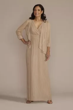 Floor Length V-Neck Metallic Sheath Jacket Dress