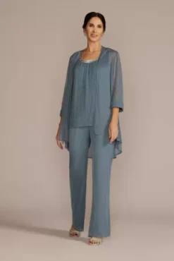 Three Piece Rhinestone Trimmed Chiffon Pantsuit