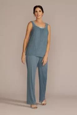 Three Piece Rhinestone Trimmed Chiffon Pantsuit -Floral Applique Dresses Shop 2593 SLATE MOB PROD2 079