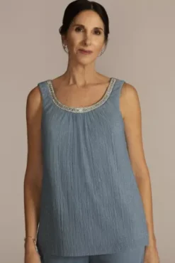 Three Piece Rhinestone Trimmed Chiffon Pantsuit -Floral Applique Dresses Shop 2593 SLATE MOB PROD2 117 V2