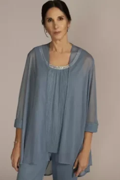 Three Piece Rhinestone Trimmed Chiffon Pantsuit -Floral Applique Dresses Shop 2593 SLATE MOB PROD2 178 V2