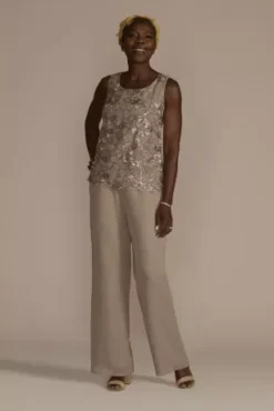 Embellished Three-Quarter Sleeve Pantsuit -Floral Applique Dresses Shop 28947 LATTE MOB PROD10 3964