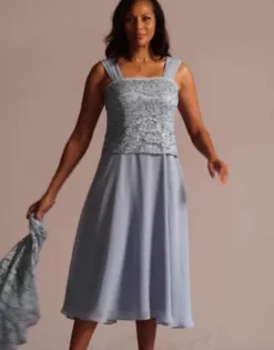 Tea Length Sequin Lace And Chiffon Jacket Dress -Floral Applique Dresses Shop 28987 DustyBlue