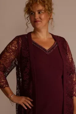 Short Beaded V-Neck Dress With Sheer Sleeve Jacket -Floral Applique Dresses Shop 29258 MCRANBERRY MOB PROD7 1597