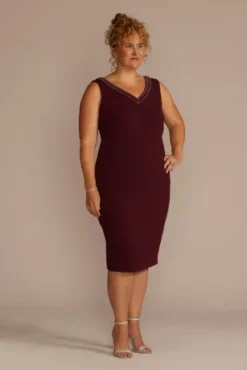 Short Beaded V-Neck Dress With Sheer Sleeve Jacket -Floral Applique Dresses Shop 29258 MCRANBERRY MOB PROD7 1622