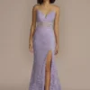 V-Neck Glitter Lace Sheath With Illusion Waist