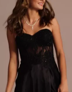 Strapless Illusion Lace Applique Satin A-Line -Floral Applique Dresses Shop 3331BN MBlack PRTY