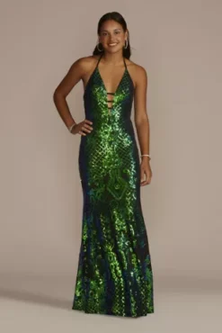 Patterned Sequin Sheath With Plunging Halter Neck