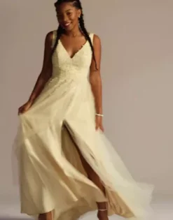 Embroidered Applique Tulle A-line Dress -Floral Applique Dresses Shop 4040BN MYellow 2