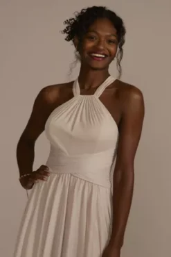 High-Neck Mesh Bridesmaid Dress With Full Skirt -Floral Applique Dresses Shop 4XLF19931 BISCOTTI BM PROD9 V2 050 detail