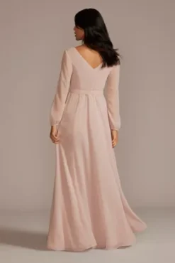 Long Sleeve Chiffon Bridesmaid Dress With Slit -Floral Applique Dresses Shop 4XLF20457 DUSTYPINK BM PROD11 535