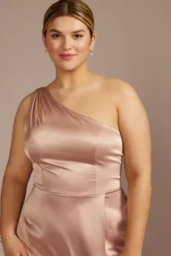 Stretch Charmeuse One-Shoulder Bridesmaid Dress 11 Stretch Charmeuse One-Shoulder Bridesmaid Dress -Floral Applique Dresses Shop 4XLF20683 SAND BM PROD3 aaa