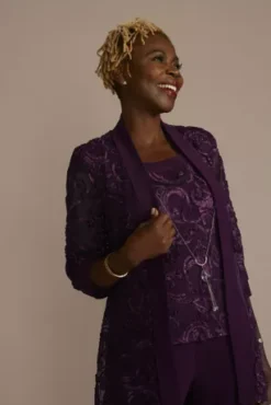 Three-Quarter Sleeve Soutache Embroidered Pantsuit -Floral Applique Dresses Shop 5012 MPLUM MOB PROD1 354