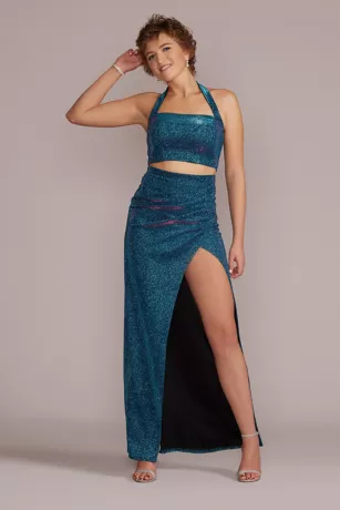 Metallic Glitter Two-Piece Set With Slit Skirt 1 Metallic Glitter Two-Piece Set With Slit Skirt