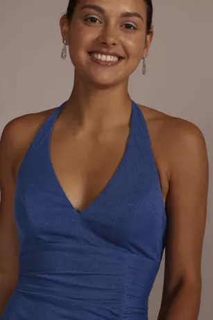 Ruched Glitter Crepe Halter Dress With Slit 3 Ruched Glitter Crepe Halter Dress With Slit - Image 3