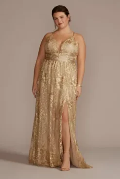 Sequin Embroidered Plunge Bridesmaid Dress -Floral Applique Dresses Shop 9GS290081 GOLD BM PROD11 008
