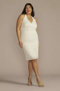 Short Ruched Scalloped Lace Halter Dress