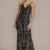 Glitter Brocade Sheath Gown With Illusion Plunge