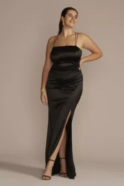 Double Strap Satin Square Neck Dress With Slit