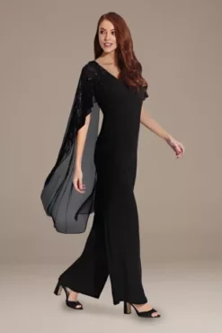 Chiffon And Crepe Jumpsuit With Beaded Cape