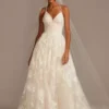 Large Floral Applique Beaded Strap Wedding Dress