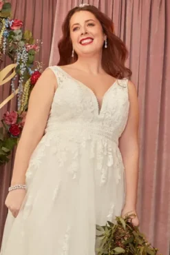 Embroidered V-Neck Wedding Dress With Tulle Skirt -Floral Applique Dresses Shop CWG888 PDP Crop MAY3 1920x2880