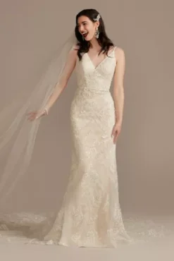 Strappy Beaded Applique Tulle Sheath Wedding Dress