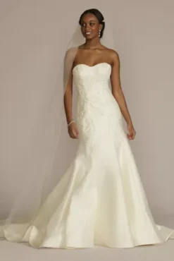 Strapless Drop Waist Lace And Mikado Wedding Dress