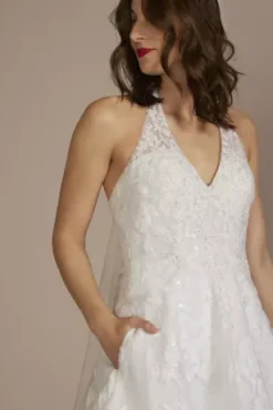 V-Neck Halter Beaded Lace Ball Gown Wedding Dress 5 V-Neck Halter Beaded Lace Ball Gown Wedding Dress -Floral Applique Dresses Shop CWG955 SOLIDWHITE OLEG PROD12 070