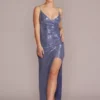 Allover Sequin V-Neck Sheath Gown With Slit