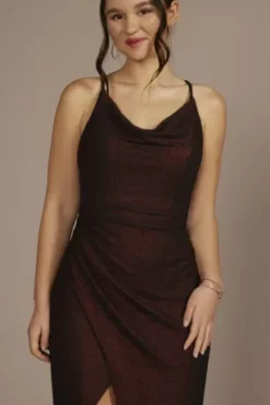 Cowl Neck Metallic Glitter Knit Sheath With Slit -Floral Applique Dresses Shop D21NY22028V1 RED PRTY PROD2 084