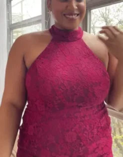 Allover Lace Halter Gown With Slit -Floral Applique Dresses Shop D21NY22155V1 PDP