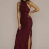 Allover Lace Halter Gown With Slit