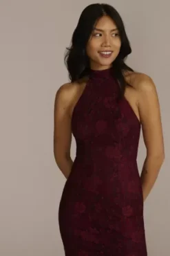 Allover Lace Halter Gown With Slit -Floral Applique Dresses Shop D21NY22155V1 WINE PARTY PROD1 089