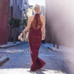 Allover Lace Halter Gown With Slit -Floral Applique Dresses Shop D21NY22155V1 WINE PRTY SPRING 22 795