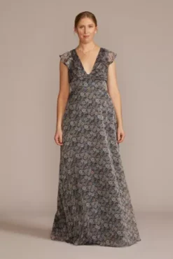 Plunging Printed Chiffon Gown With Ruffles