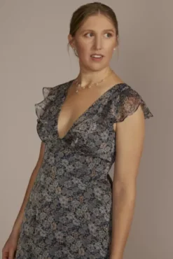 Plunging Printed Chiffon Gown With Ruffles -Floral Applique Dresses Shop D21NY22162V2 MARINE PARTY PROD2 063