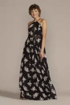 Printed Chiffon Halter A-Line With Illusion Detail