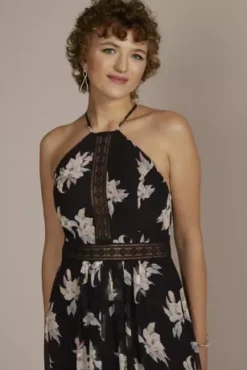 Printed Chiffon Halter A-Line With Illusion Detail -Floral Applique Dresses Shop D21NY22167V1 MBLKMULTI PARTY PROD2 3039