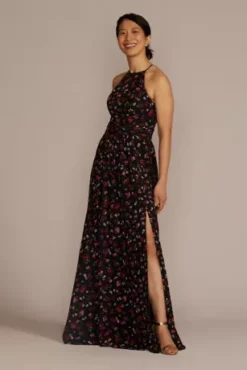 Floral Print Halter A-Line Dress With Slit