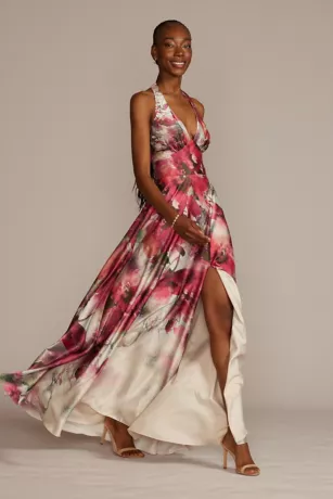 Floor Length Floral Print Halter Dress With Slit 1 Floor Length Floral Print Halter Dress With Slit